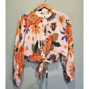 Artelier Nicole Miller Colorful Tropical Dolman Sleeve Button Up Tie Waist Top S